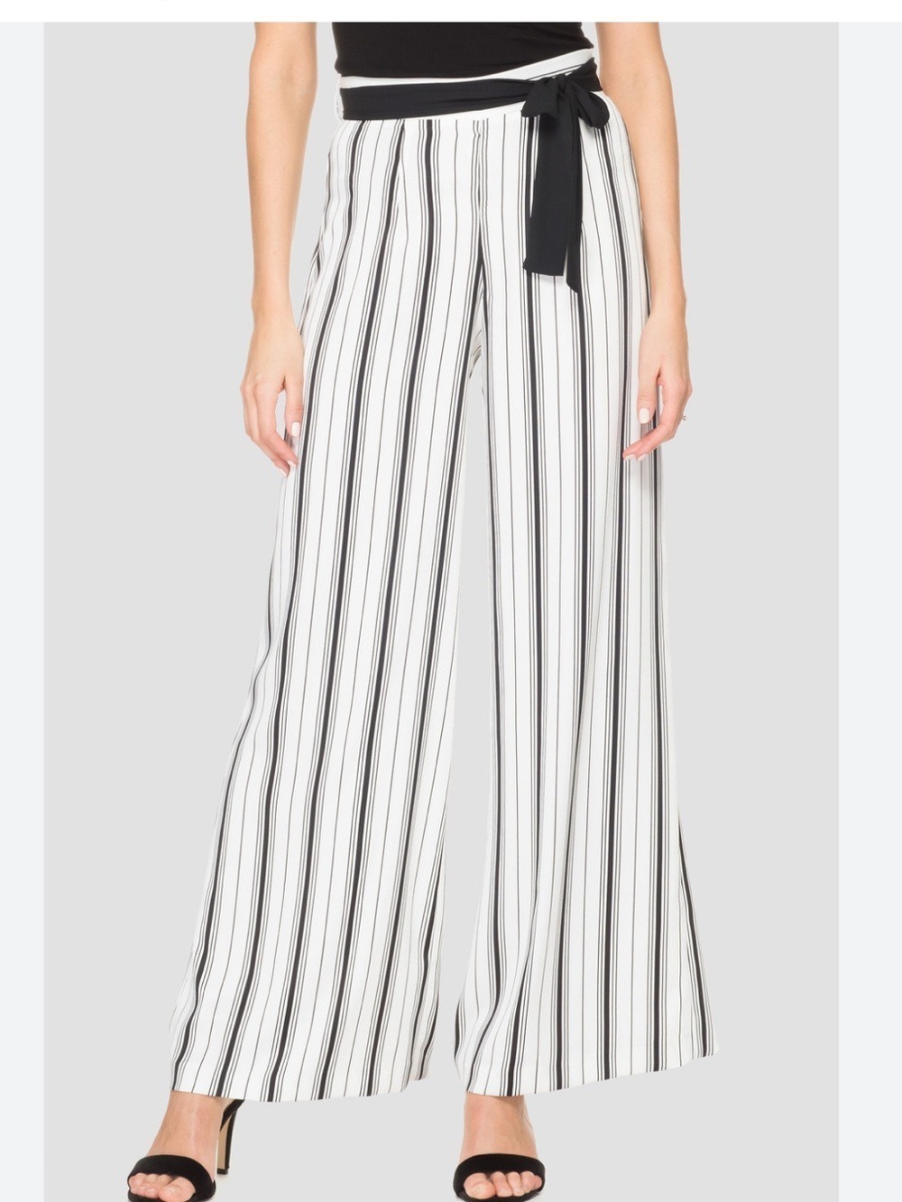 Joseph Ribkoff Black & White Vertical Stripe Wide-Leg Pants side zip flowy sz 4